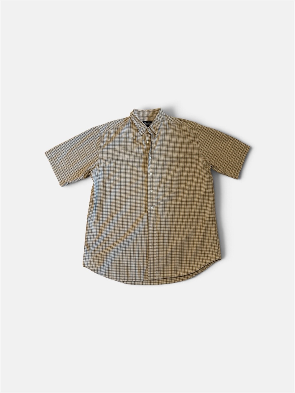 Eddie Bauer Mens Large Tall Tan Plaid Short Sleeve Button Down Shirt Cotton